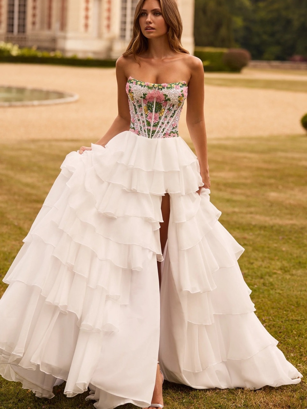 Sherri Hill 57750 Embellished Strapless White Ruffled Gown with Floral Bodice
